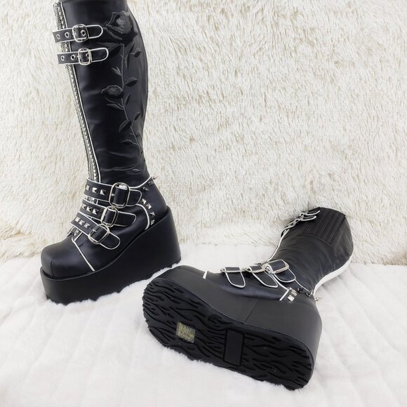 Demonia Concord RAre Platform Studded Black Rose Shaft Knee Boots Goth Punk - Picture 11 of 16